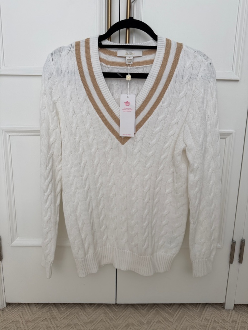 Lilly Pulitzer White Cable Varsity Sweater with Gold Stripes